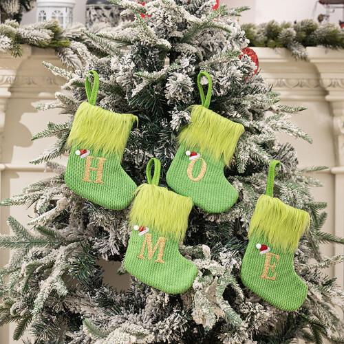 Green Plush Christmas Stocking with Initial Embroidery 1
