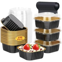 120 mini moules à gâteaux de 150 ml avec couvercles, ramequins jetables en aluminium pour cupcakes, brownies et cheesecakes – Noir