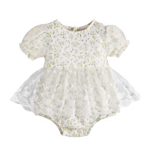 Blommigt tryck Mesh Spets Patchwork Puff Kortärmad Romper Sommar Pettiskirt Prinsessa Födelsedagsfest Gåva Crawlerkläder