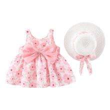 Sommerkleid für Mädchen mit Blumenmuster, ärmellos, rückenfrei, Prinzessinnenkleid, schwingendes Sommerkleid mit Strohhut, Strandmode