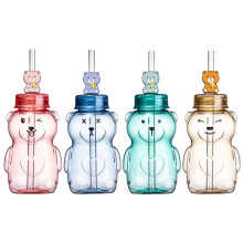 Stijggn Honey Bear Straw Cup Botella de vidrio transparente de 19 oz con tapa y pajita – Taza Kawaii Bear para jugo, té con leche, batidos, agua