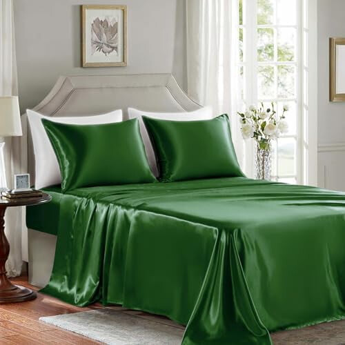 Σετ σεντόνια σατέν King Size – 4 τεμάχια πολυτελή σκούρα πράσινα σατέν σεντόνια χωρίς 1