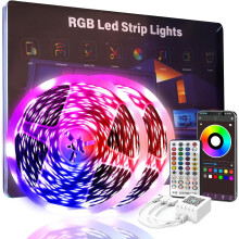 Fita de LED de 60 metros com sincronização de música, mudança de cor RGB, controle remoto e por aplicativo via Bluetooth, compatível com
