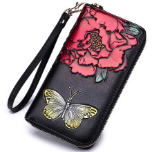 Leren portemonnee/clutch met vlinderdesign en RFID-blokkering voor dames, met ritssluiting rondom, geschikt voor mobiele telefoon.