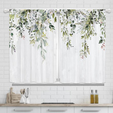 Cortinas de cozinha em estilo rústico com estampa de eucalipto, 91 cm de comprimento, conjunto de 2 peças – Cortinas florais verdes em estilo