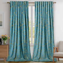 Velvet Blackout Curtains with Gold Foil Print, 52" W x 84" L