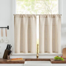 Cortinas de linho listradas de 76 cm (30") - Estilo moderno de fazenda/café, filtram a luz, com bolso para varão, 2 painéis, bege