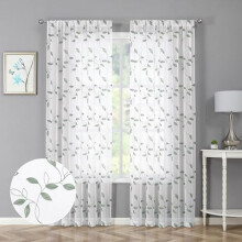 Cortinas transparentes verde-sálvia com estampa de folhas, voile bordado, com bolso para varão, 54x95 polegadas (137x241 cm), conjunto de 2