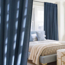 Cortinas em mistura de linho azul-marinho, com bolso para varão e presilhas na parte de trás, filtram a luz, proporcionam privacidade, 55 cm de