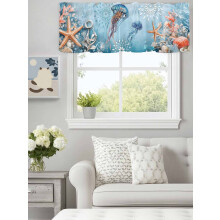 Cortina de varão com estampa de águas-vivas e estrelas-do-mar em aquarela, 152 x 46 cm, para cozinha, quarto, banheiro e sala de estar – Tema