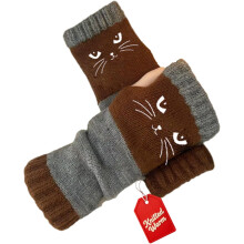 Gants tricotés sans doigts pour femme avec broderie chat, motif chat vintage - Gants d'hiver épais et chauds avec motifs de visages de chats