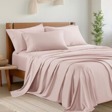 6-Pc King Sheet Set, Cooling Bamboo Rayon, Deep Pocket 16", Breathable & Soft, Hotel-Style Silky Bedding, Light Pink