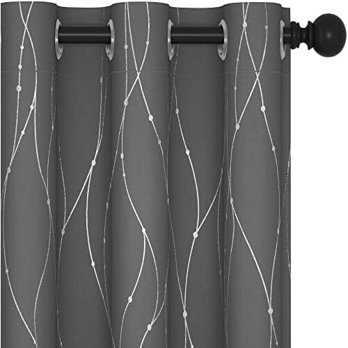Grey Blackout Curtains with Silver Wave Print, 42x84", 2