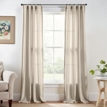 Gardiner i linblanding 91 x 232 cm, 2 paneler, stanglomme og bakre flik, landlig stil (havre) – kompatibel med standard stenger