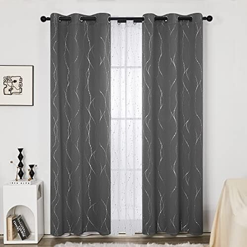 Grey Blackout Curtains with Silver Wave Print, 42x84", 2 1