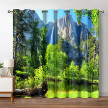Jungle Green Blackout Curtains with Mountains, Forest, River Scene – Compatible with Standard Windows, 2 Panel Set, 42"x84"
