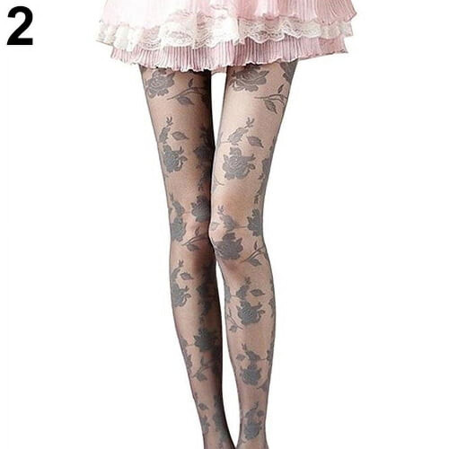 Damen-Strumpfhose mit Rosenmuster und Spitze, transparent