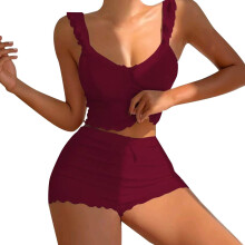 Damen-Schlafanzug-Set mit Trägern – High-Waist-Shorts | Lässige Loungewear | Einfarbiger Rüschenpyjama, Größen S–3XL