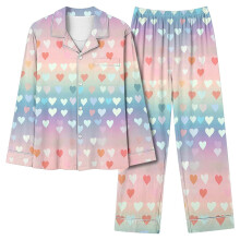 Valentinsdags-pyjamassæt til kvinder, hjerteprint, langærmet nattøj med knapper foran og lommer, blød mælkesilke, S–2XL