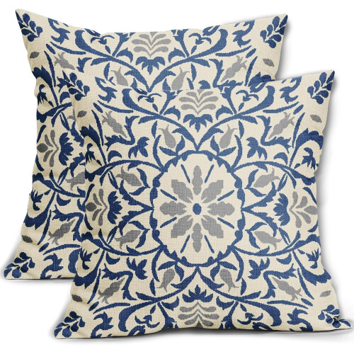 Μαξιλαροθήκες ανοιχτό μπλε γκρι boho 20x20 ίντσες, λινά μαξιλαροθήκες με vintage σχέδια
