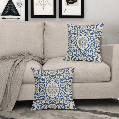 Μαξιλαροθήκες ανοιχτό μπλε γκρι boho 20x20 ίντσες, λινά μαξιλαροθήκες με vintage σχέδια 2