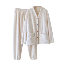 Conjunto de pijama feminino de flanela quente para o inverno com decote em V - blusa de manga comprida com botões e calça com elástico na cintura