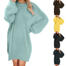 Damhöstklänningar, Långärmad klänning för kvinnor, Medellånga vardagsklänningar för damer Långärmad rund halsringad lös plyschklänning