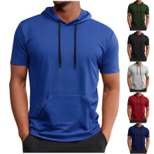 Chemises pour hommes, Sweat à capuche de sport uni à manches courtes avec cordon de serrage et poche