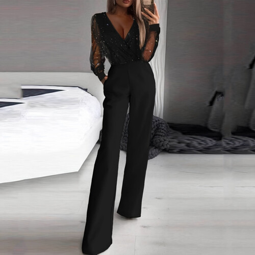 Γυναικεία Σέξι Ολόσωμη Φόρμα Lulshou με V-Neck και Πούλιες, Patchwork, Τσέπες, Συμβατή με XXL 1