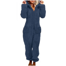 Fleece pyjama met capuchon en voetjes voor dames, warme winternachtkleding, romper met lange mouwen en ritssluiting, maten S-2XL, marineblauw
