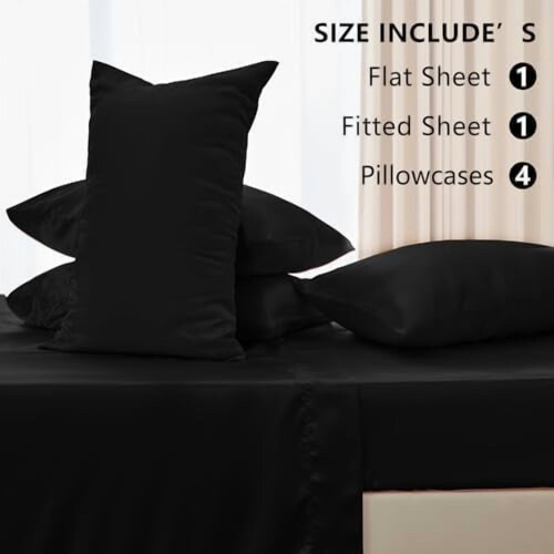 Satin Full Size Sheet Set Black Microfiber 6-Piece 1
