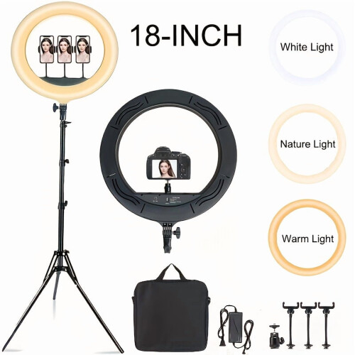 Anello luminoso a LED da 18 pollici con supporto, borsa e supporto per telefono. 1