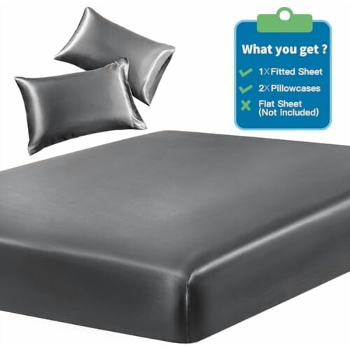 Tacar Braillíní Feistithe Satin Twin XL 3 phíosa Liath 2