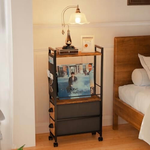 Slim Narrow Side Table with 2 Drawers and Wheels 1