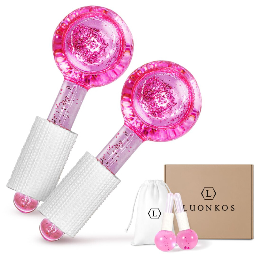 Facial Ice Globes and Glass Gua Sha Set Pink for Puffiness Relief Dark Circles Lymphatic Drainage