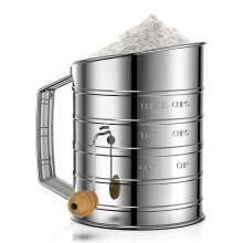 Stainless Steel Flour Sifter 3 Cup with Rotary Hand Crank, Fine Mesh for Baking and Pastry
