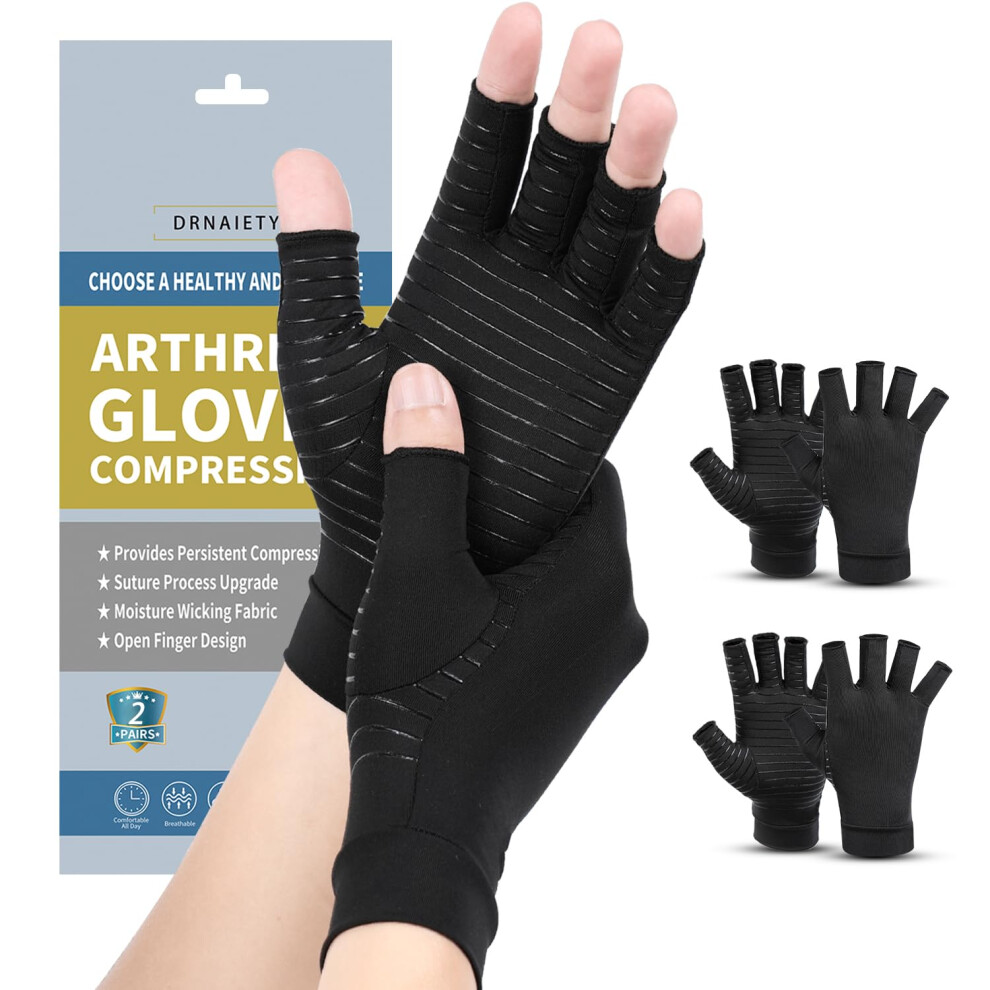 Copper Arthritis Compression Gloves for Pain Relief, Fingerless AntiSlip Grip, Medium, 2 Pairs