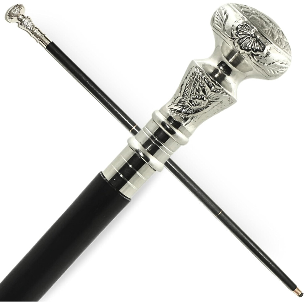 Victorian Walking Cane Black Wood with Silver Brass Handle 37 Inch Vintage Stick for Men and Women