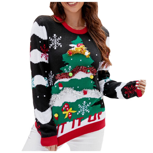 Weihnachtspullover für Damen mit Rundhalsausschnitt und besticktem Baummotiv