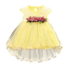 Toddler Girls' Yellow Princess Dress, Flower Patchwork Pleated Mesh, Short Sleeve, Summer Formal Dress, 6M–3Y, Compatible with Baby Girl Clothes