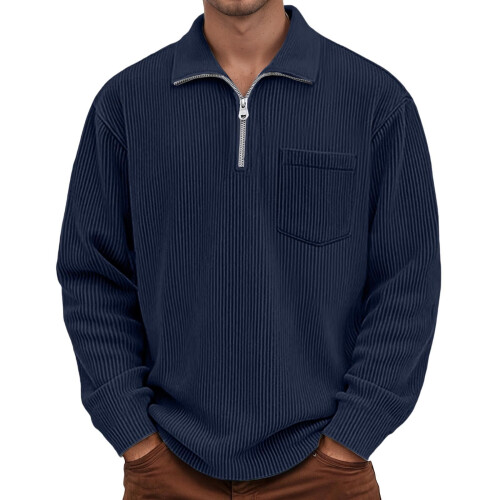 Shirts for Men Corduroy Long Sleeve Solid Collared Tops Zipper Pullover Textured Sweatshirt