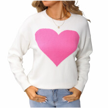 Pull femme à imprimé cœurs color block, idéal pour Noël et la Saint-Valentin, style années 2000, contraste blanc et rose, coupe ample