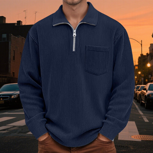 Shirts for Men Corduroy Long Sleeve Solid Collared Tops Zipper Pullover Textured Sweatshirt 1