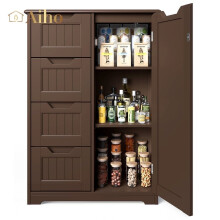 Armoire de rangement en bois pour garde-manger avec 4 tiroirs, 1 porte et 3 compartiments.