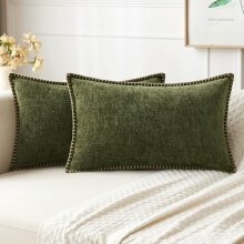 Lot de 2 housses de coussin en chenille vert olive 12 x 20 pouces, décoration style ferme, bords cousus, compatibles avec les coussins standards