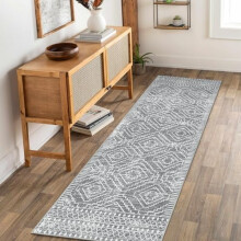 Tapis de couloir marocain lavable pour cuisine, 76 x 244 cm, envers en caoutchouc antidérapant, motif géométrique gris style ferme, idéal pour