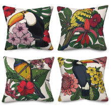 Kissenbezüge mit Vogel- und Blumenmuster, Leinen, 50 x 50 cm, 4er-Set
