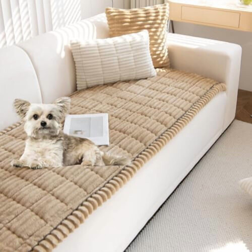 Κάλυμμα καναπέ σκύλου από βελούδινη ψεύτικη γούνα, 3D ρίγα, αντιολισθητική, αφράτη