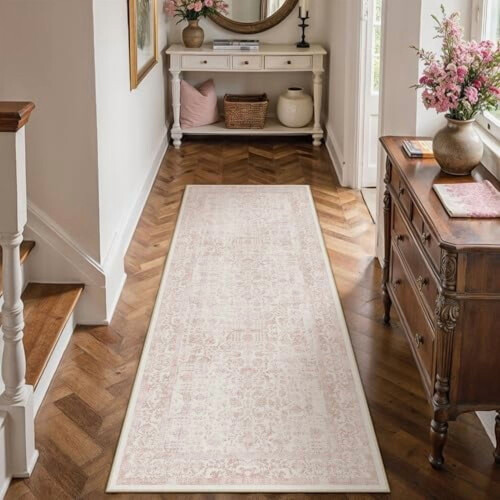 Pink runner rug 2x5 ft machine washable non-slip vintage