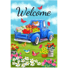 Benvenuti! Camion dei fiori, bandiera per la casa, primavera, vecchio camion, margherita blu, bandiera per il giardino, 28x40 pollici